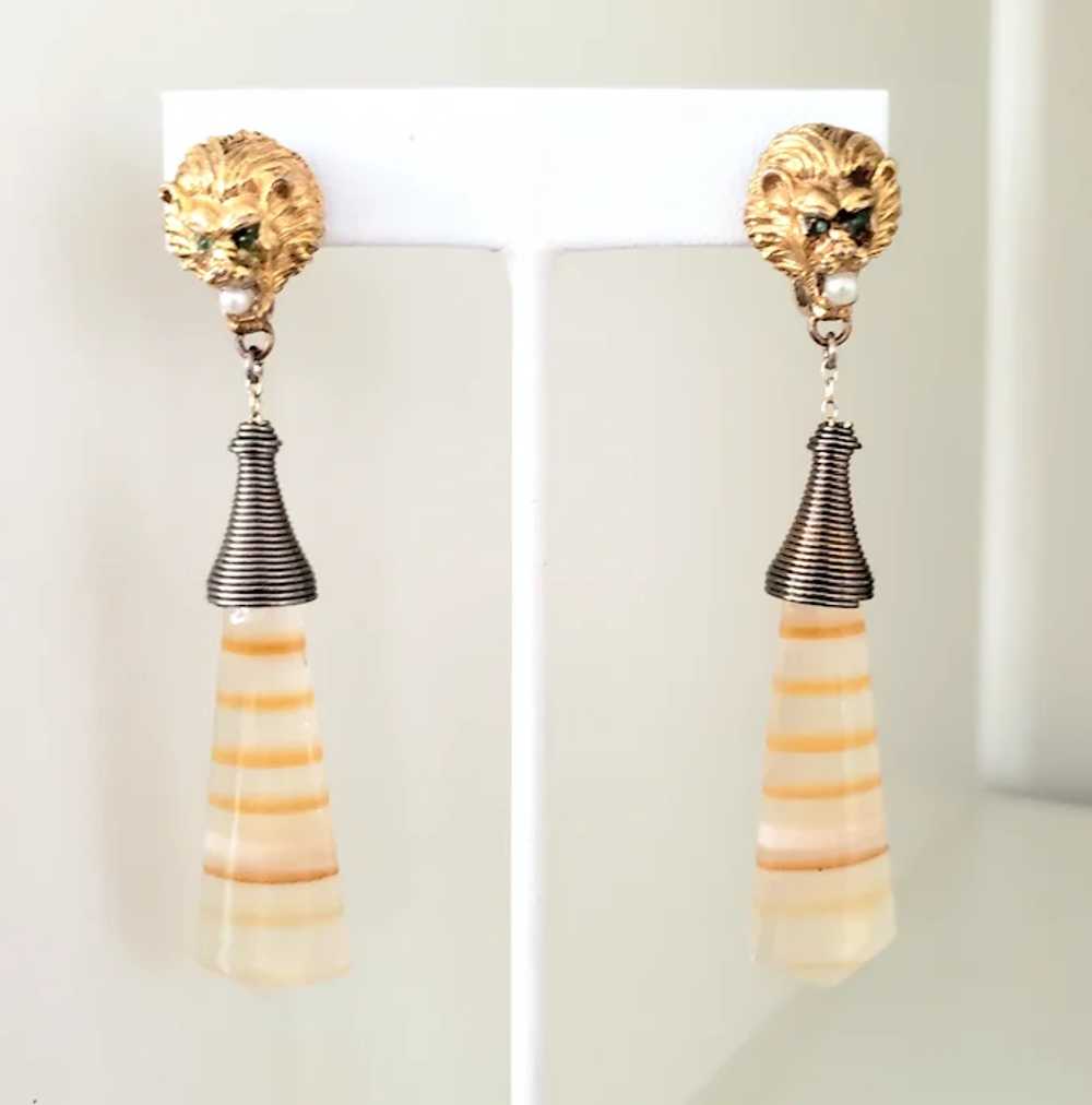 Lion Head Earrings with Striped Glass Drops - image 3