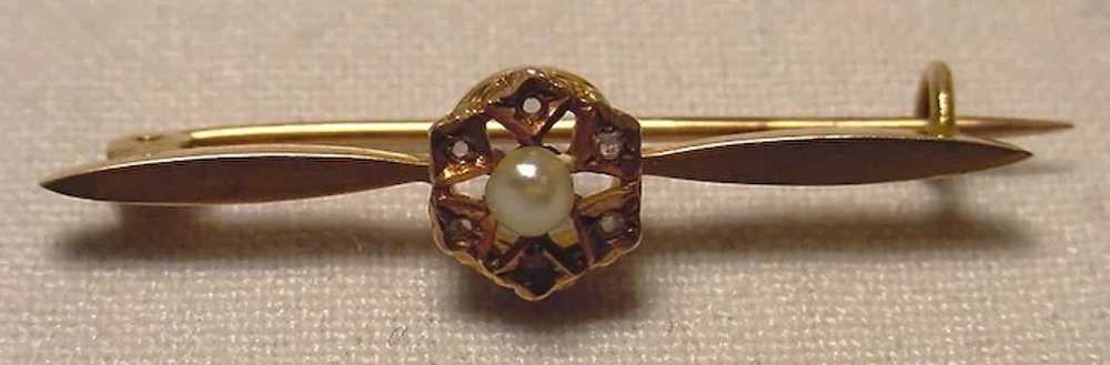 Lovely Art Nouveau Pearl Diamond Gold Brooch - image 3
