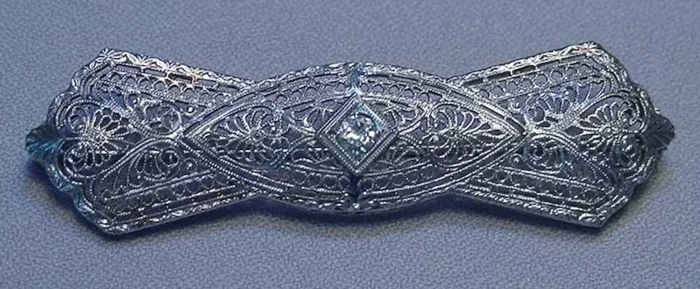 Antique Art Deco 18k WG Diamond Filigree Brooch - image 2