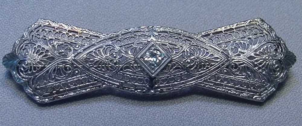 Antique Art Deco 18k WG Diamond Filigree Brooch - image 5