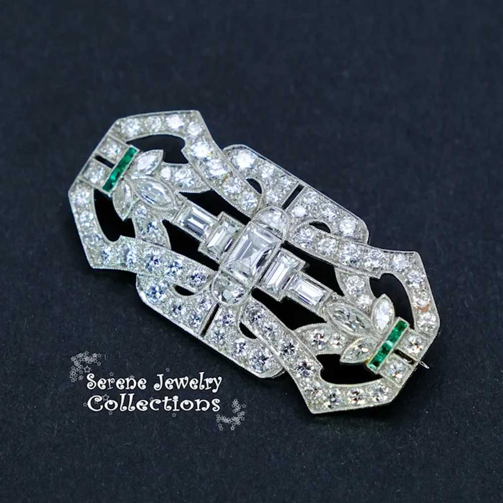Art Deco 4.3CT Diamond 1CT Emerald Platinum Brooc… - image 10