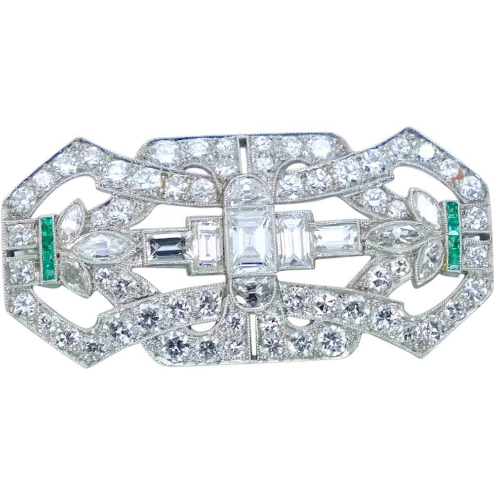 Art Deco 4.3CT Diamond 1CT Emerald Platinum Brooc… - image 1
