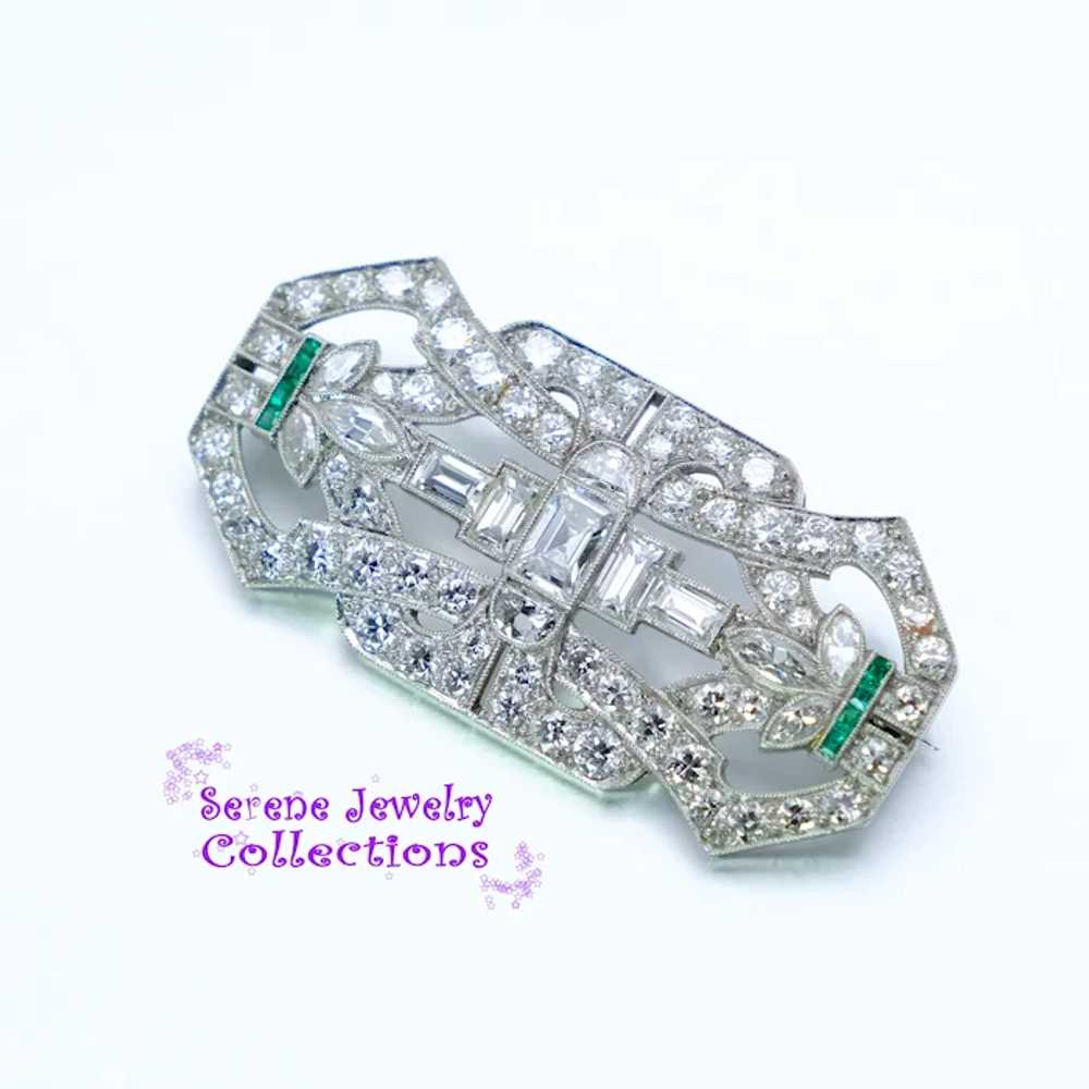 Art Deco 4.3CT Diamond 1CT Emerald Platinum Brooc… - image 3