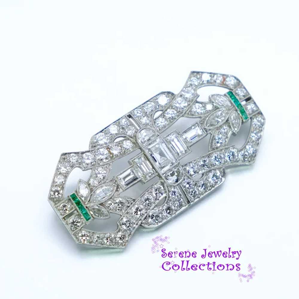 Art Deco 4.3CT Diamond 1CT Emerald Platinum Brooc… - image 4