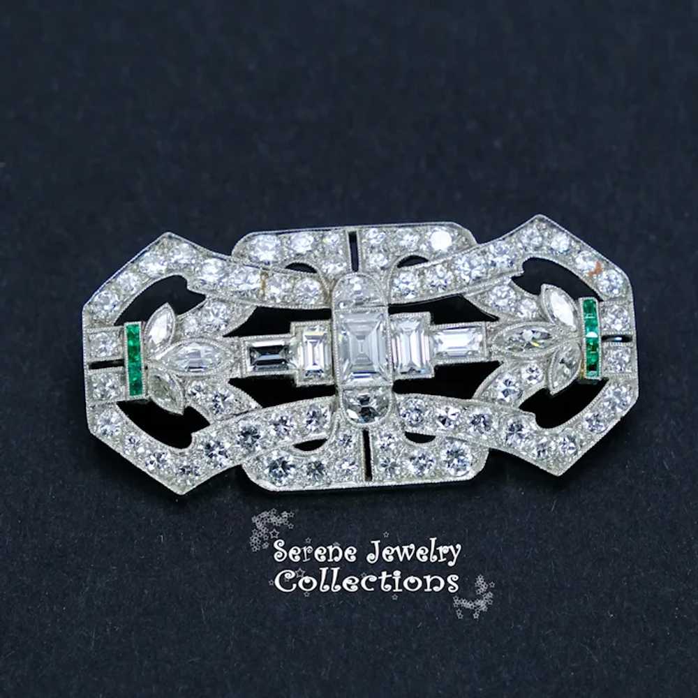Art Deco 4.3CT Diamond 1CT Emerald Platinum Brooc… - image 5