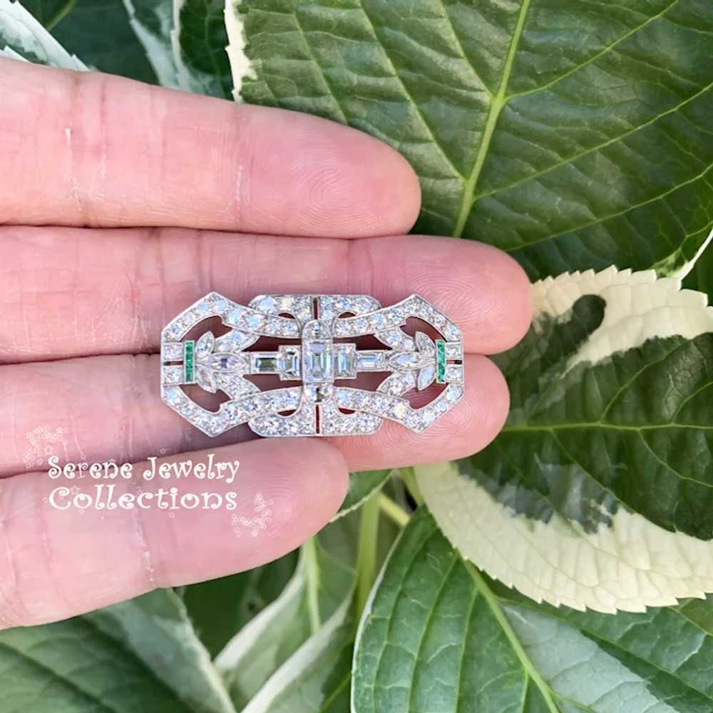 Art Deco 4.3CT Diamond 1CT Emerald Platinum Brooc… - image 6