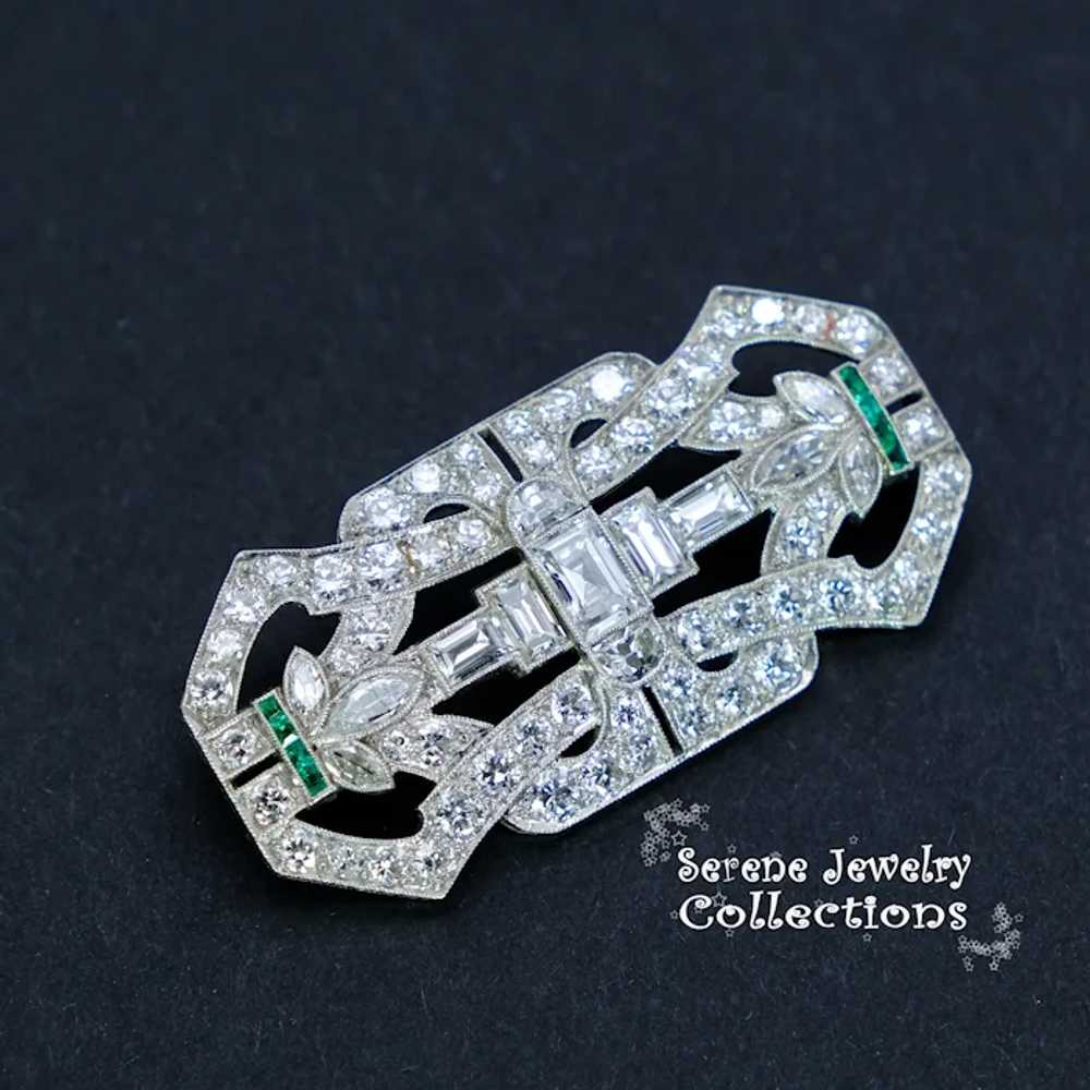 Art Deco 4.3CT Diamond 1CT Emerald Platinum Brooc… - image 7