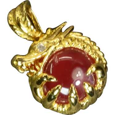 Rhodochrosite Diamond Dragon 18k Yellow Gold Pend… - image 1