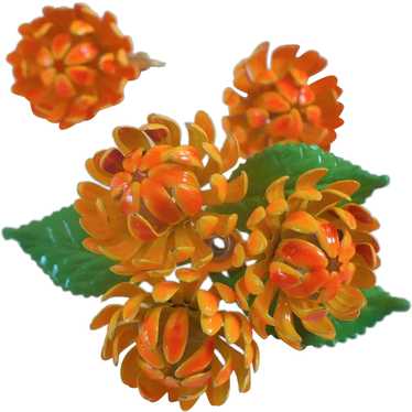 Enamel Orange Flower Pin& Earrings
