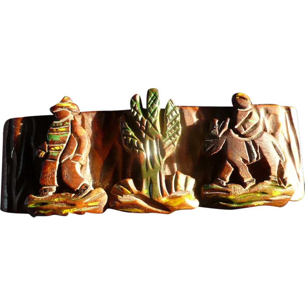 Hand Carved wood Painted Mexican Men Pin - image 1