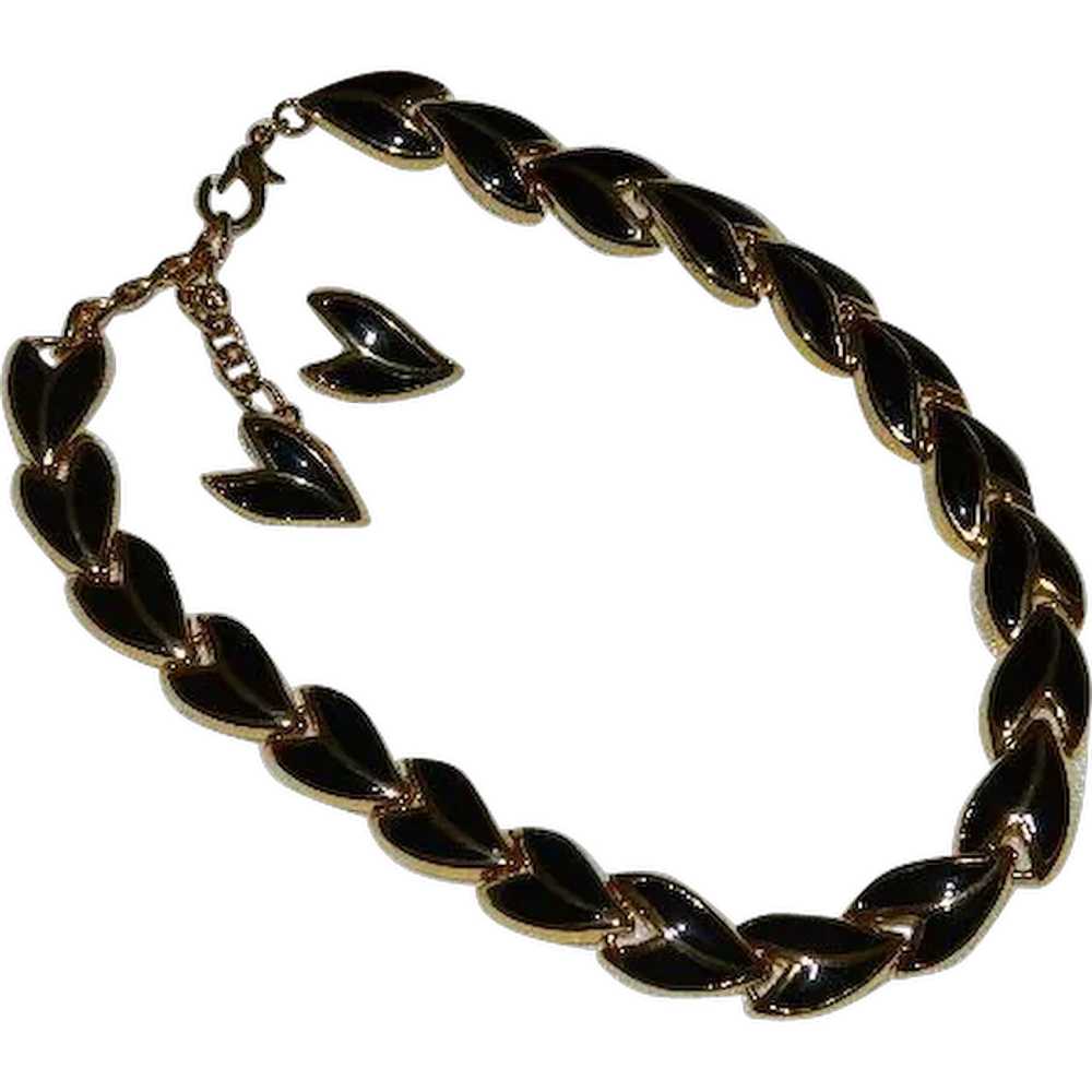 Elegant Black & Gold Tone Enamel Necklace & Earri… - image 1