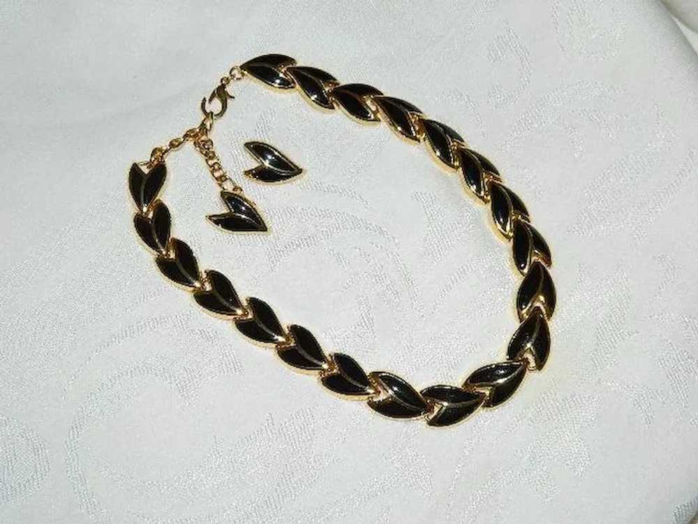 Elegant Black & Gold Tone Enamel Necklace & Earri… - image 2