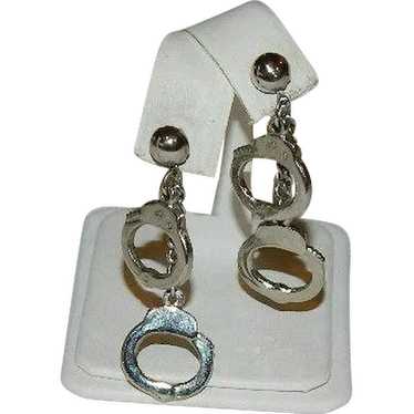 Fun Silver Tone Handcuff Pierced Earrings ~ K