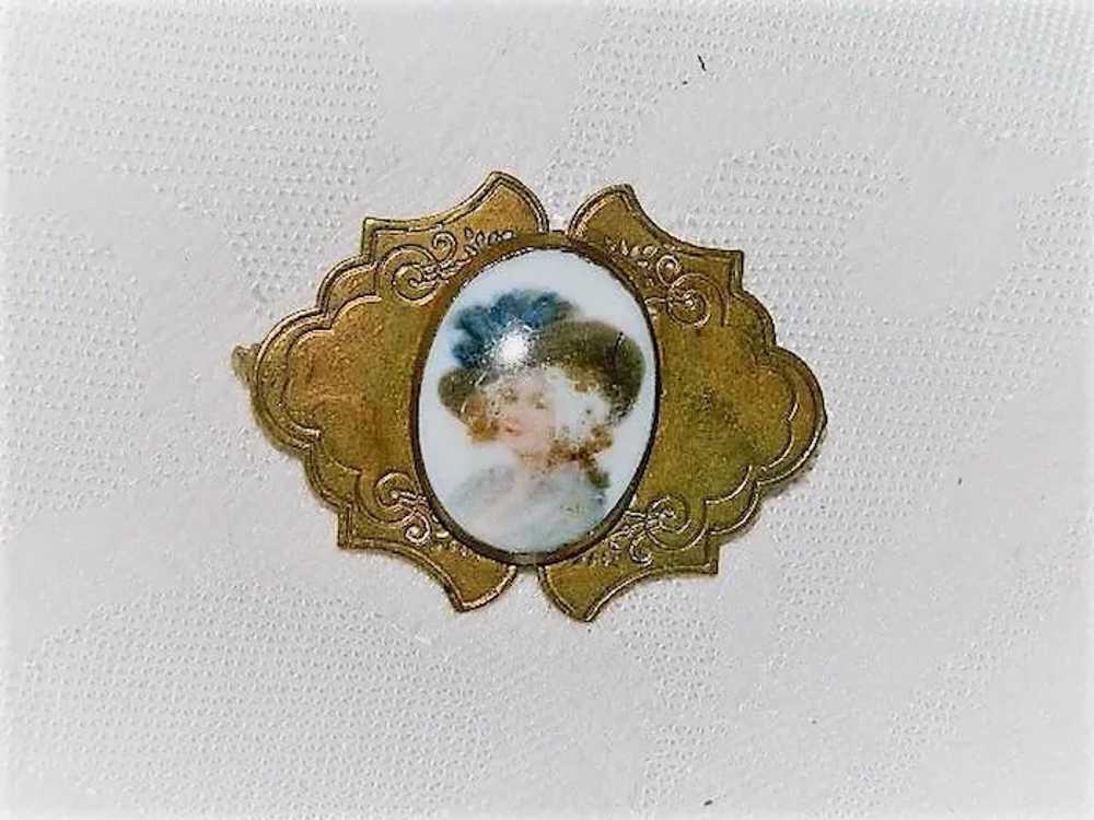 Antique Victorian Hand Painted Lady Brooch ~ Bras… - image 2
