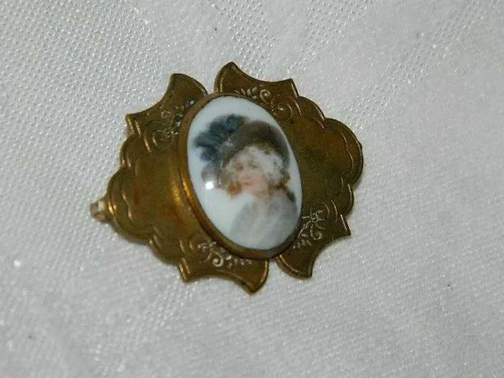 Antique Victorian Hand Painted Lady Brooch ~ Bras… - image 4