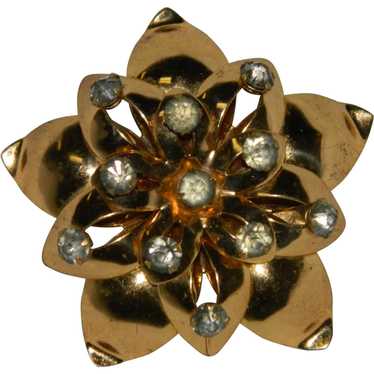 Flashy Rose Gold Floral Brooch with Rhinestone Ti… - image 1