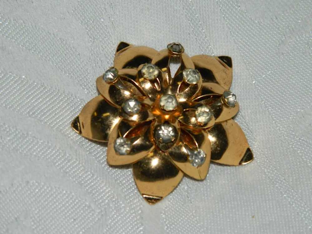 Flashy Rose Gold Floral Brooch with Rhinestone Ti… - image 2
