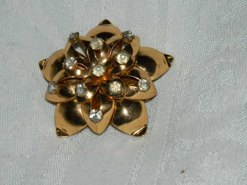Flashy Rose Gold Floral Brooch with Rhinestone Ti… - image 3