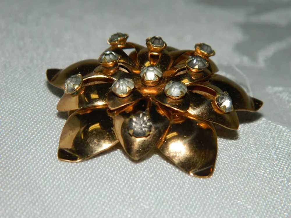 Flashy Rose Gold Floral Brooch with Rhinestone Ti… - image 4