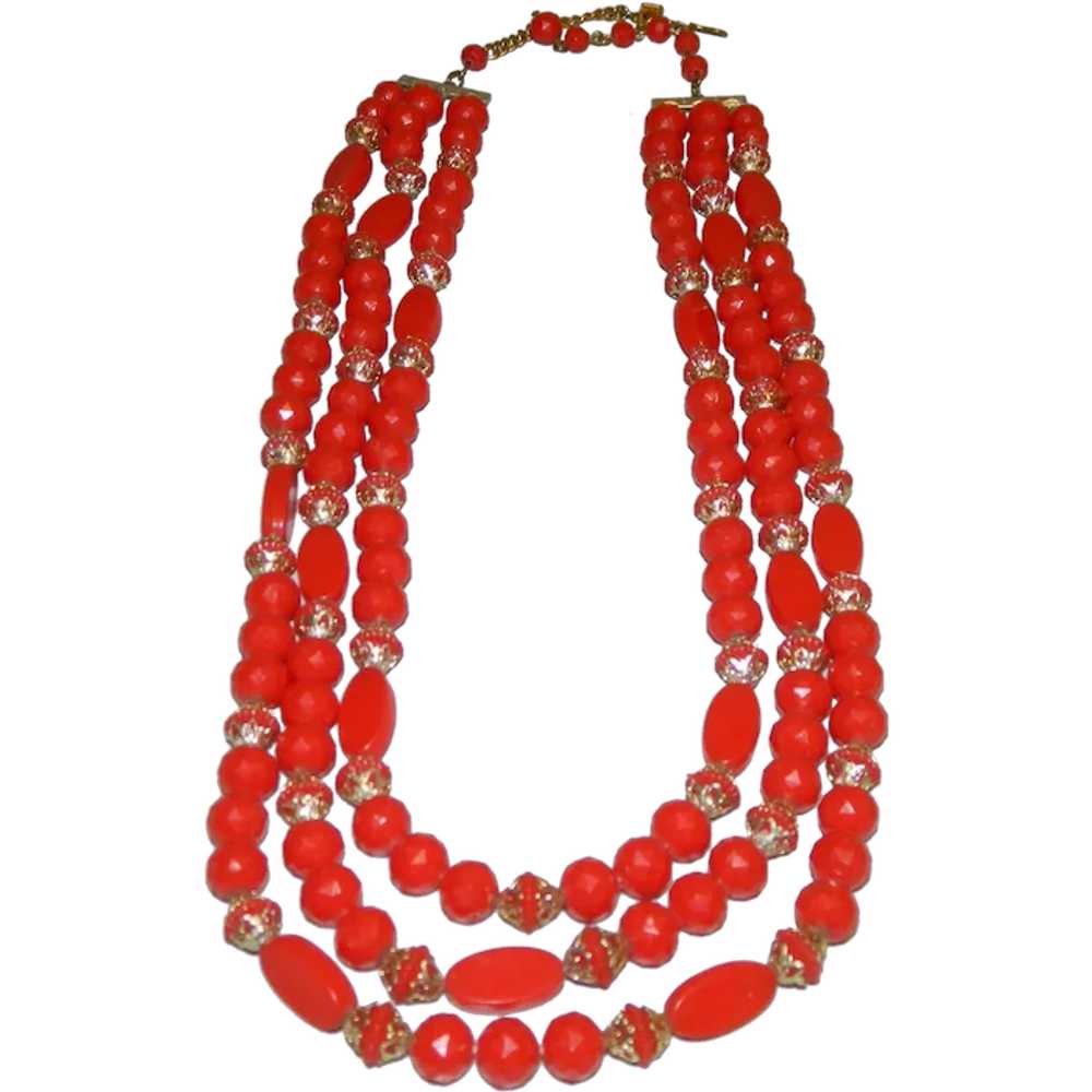 Dramatic Triple Strand Red & Gold Plastic Necklac… - image 1