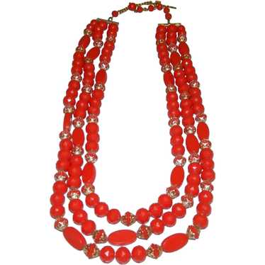 Dramatic Triple Strand Red & Gold Plastic Necklac… - image 1