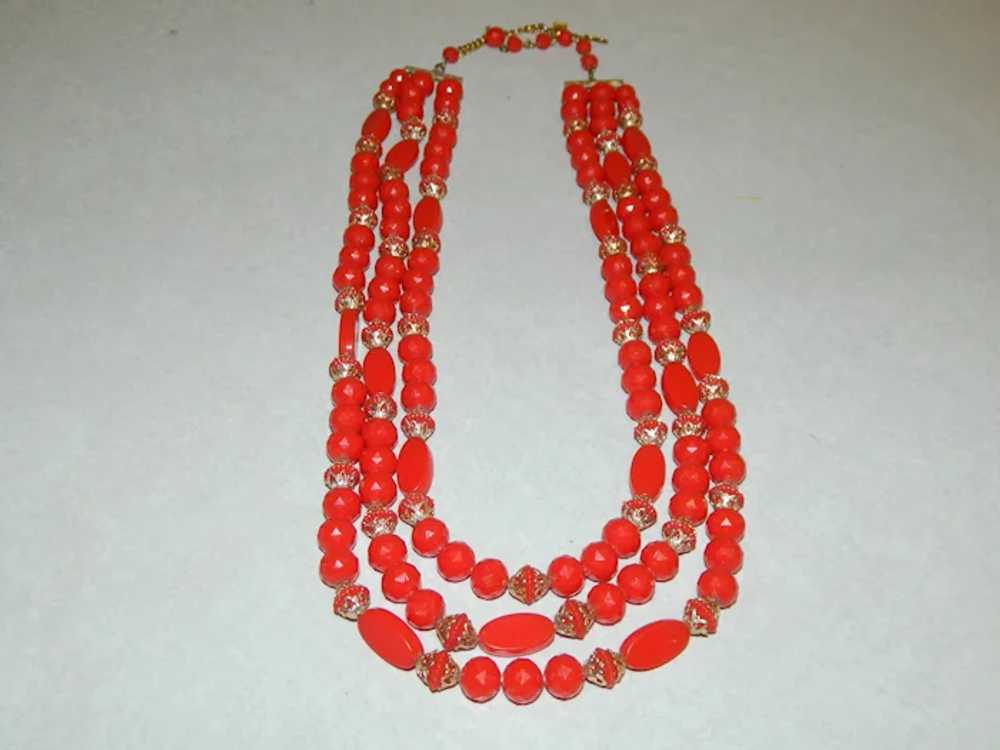 Dramatic Triple Strand Red & Gold Plastic Necklac… - image 2