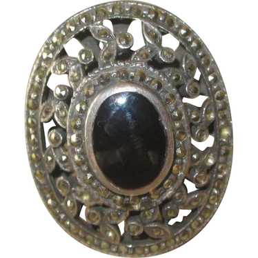 Huge Deco Sterling Onyx Marcasite Ring