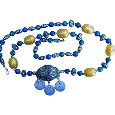 Chinese or Tibet Rare Necklace With Lapis, Amber,… - image 1