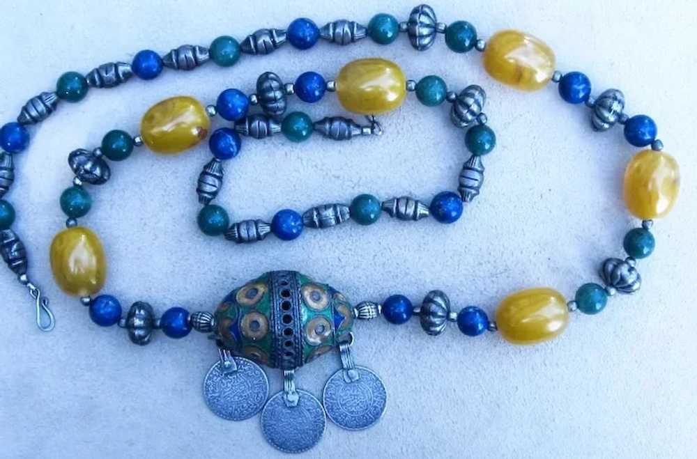 Chinese or Tibet Rare Necklace With Lapis, Amber,… - image 3