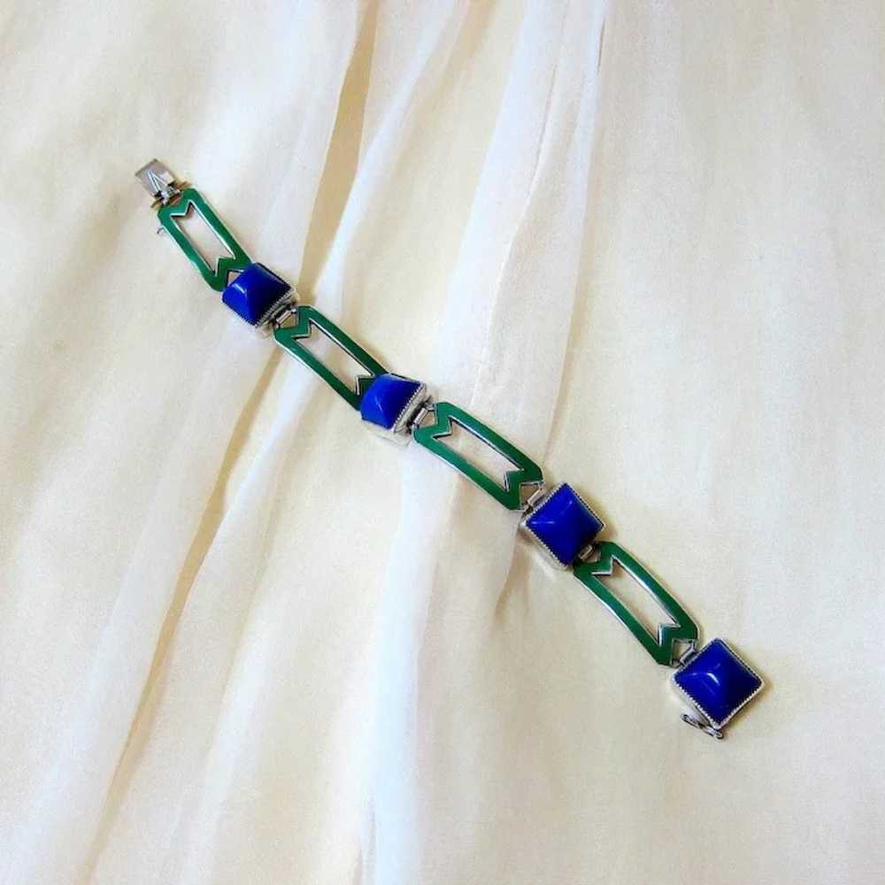 Art Deco Sugarloaf Lapis Glass Green Enamel Sterl… - image 3