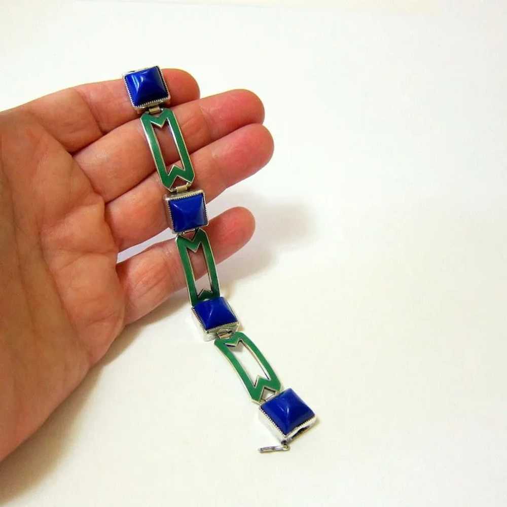 Art Deco Sugarloaf Lapis Glass Green Enamel Sterl… - image 7