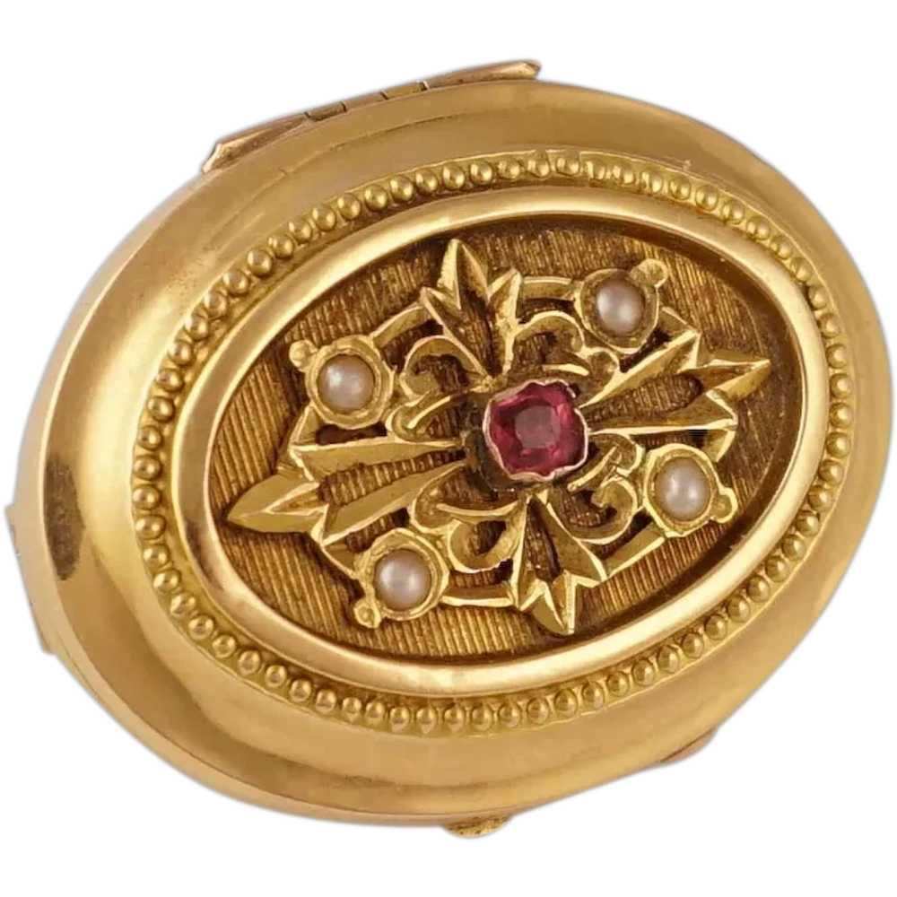 Antique French 18K Gold Locket Brooch Pin Ruby & … - image 1