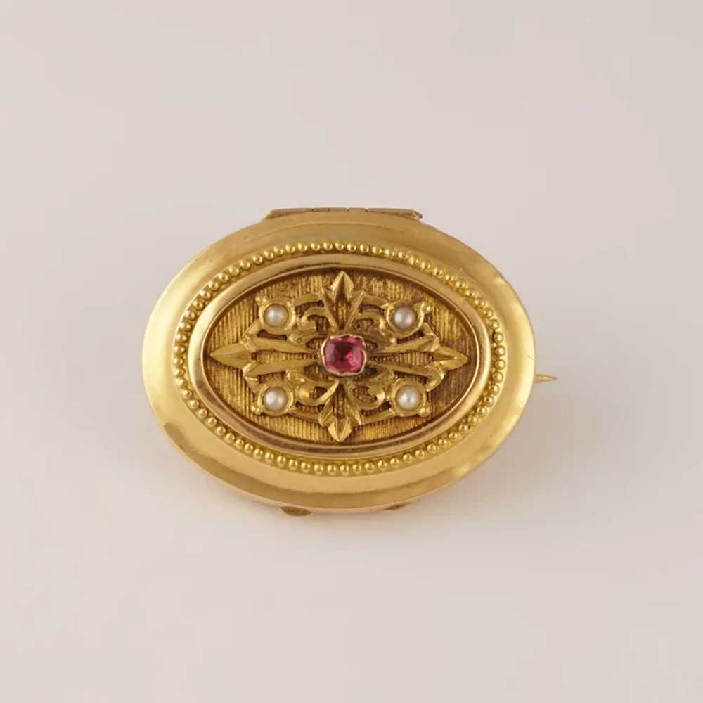 Antique French 18K Gold Locket Brooch Pin Ruby & … - image 4