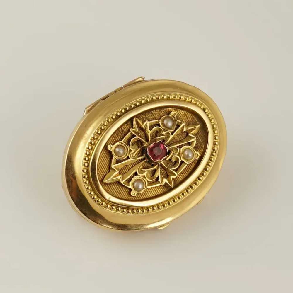 Antique French 18K Gold Locket Brooch Pin Ruby & … - image 5