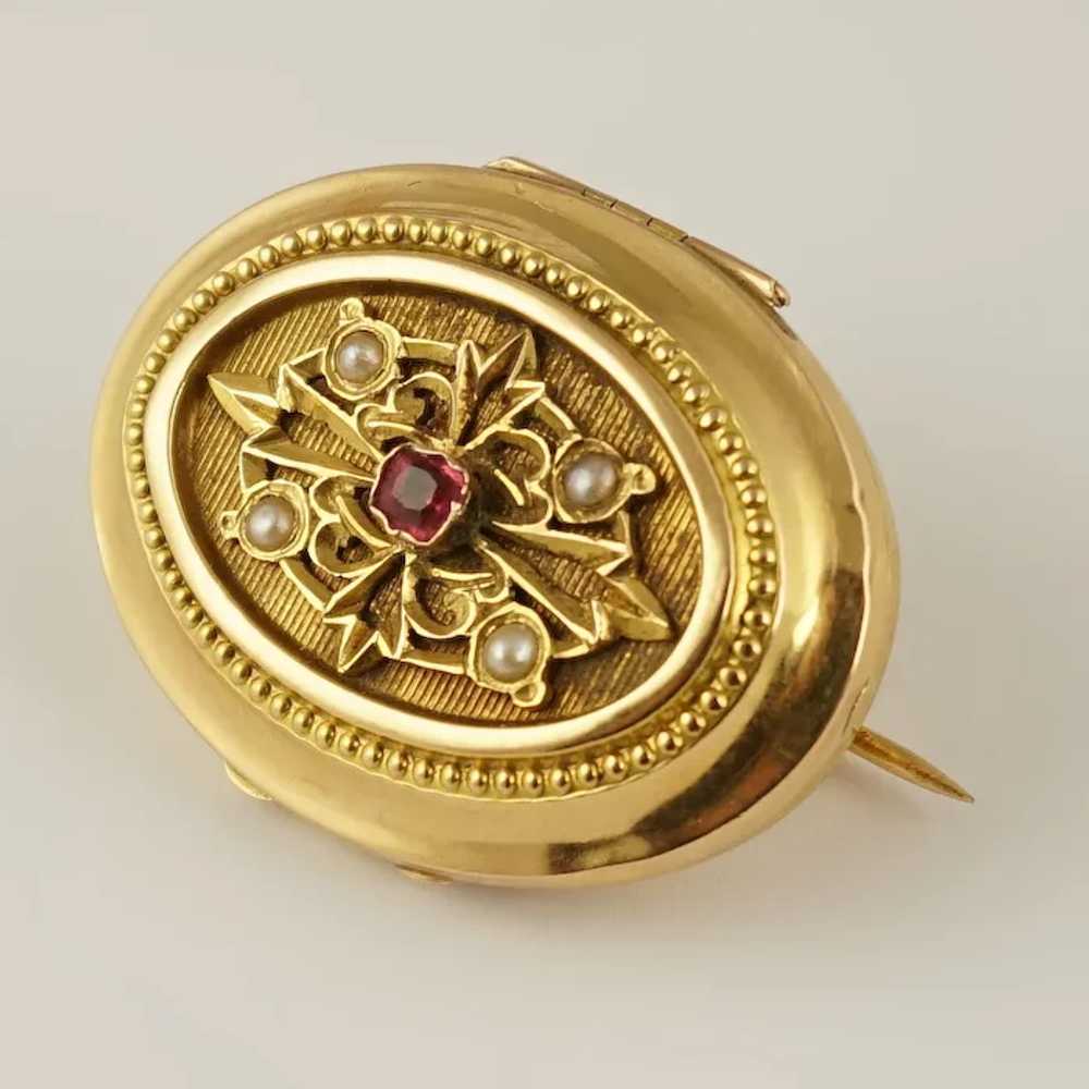 Antique French 18K Gold Locket Brooch Pin Ruby & … - image 7
