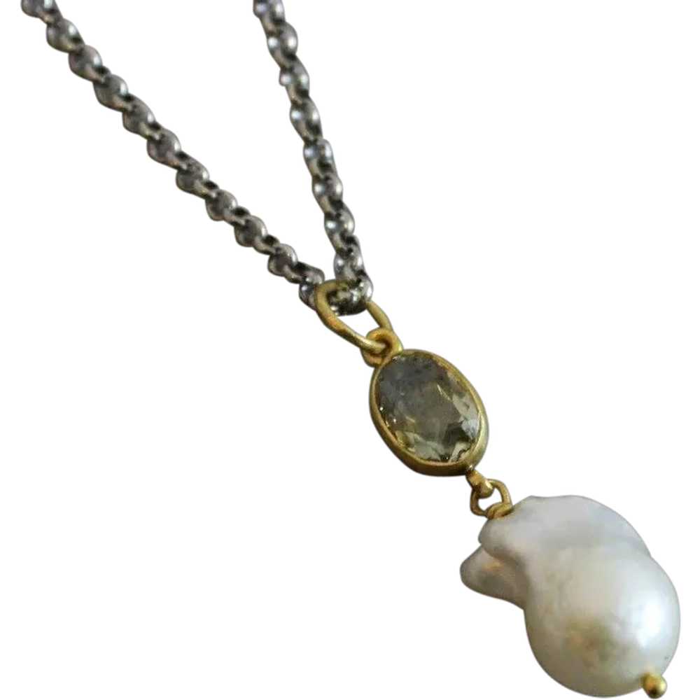 Baroque Pearl and Prasiolite Green Amethyst Sterl… - image 1