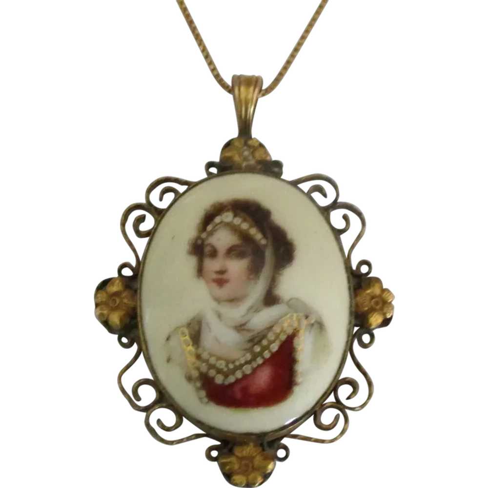 Estate Limoges Portrait Pendant with Chain - image 1