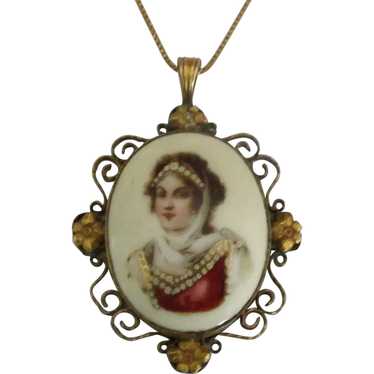 Estate Limoges Portrait Pendant with Chain - image 1