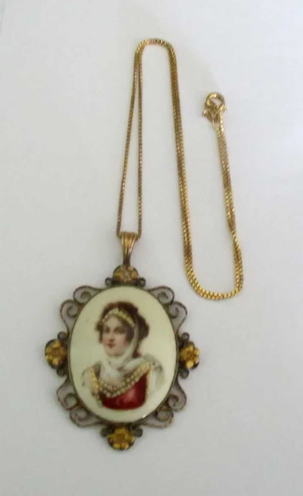 Estate Limoges Portrait Pendant with Chain - image 2