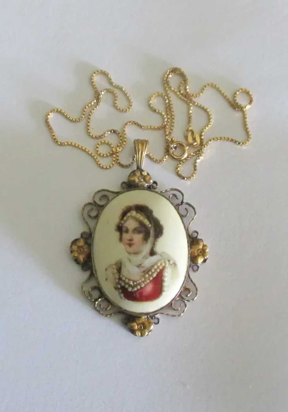 Estate Limoges Portrait Pendant with Chain - image 3