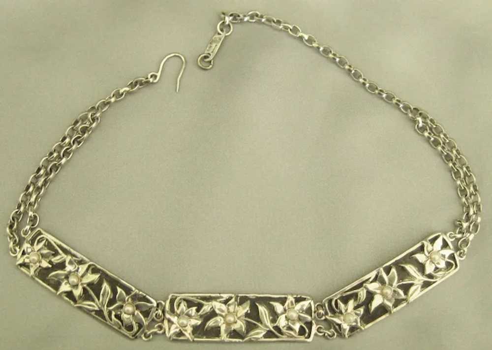Vintage Sterling Floral Necklace with Simulated P… - image 2