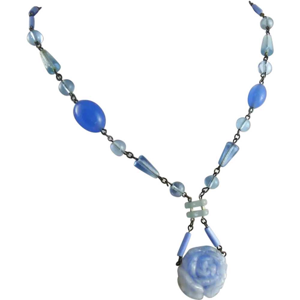 Vintage Art Deco Blue Glass Necklace Rose - image 1