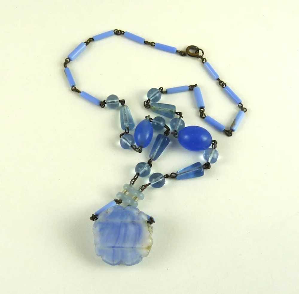 Vintage Art Deco Blue Glass Necklace Rose - image 3