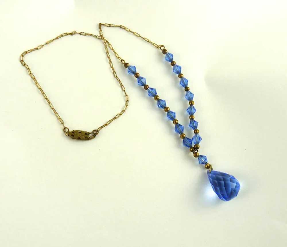Vintage Art Deco Blue Glass Drop Necklace - image 2