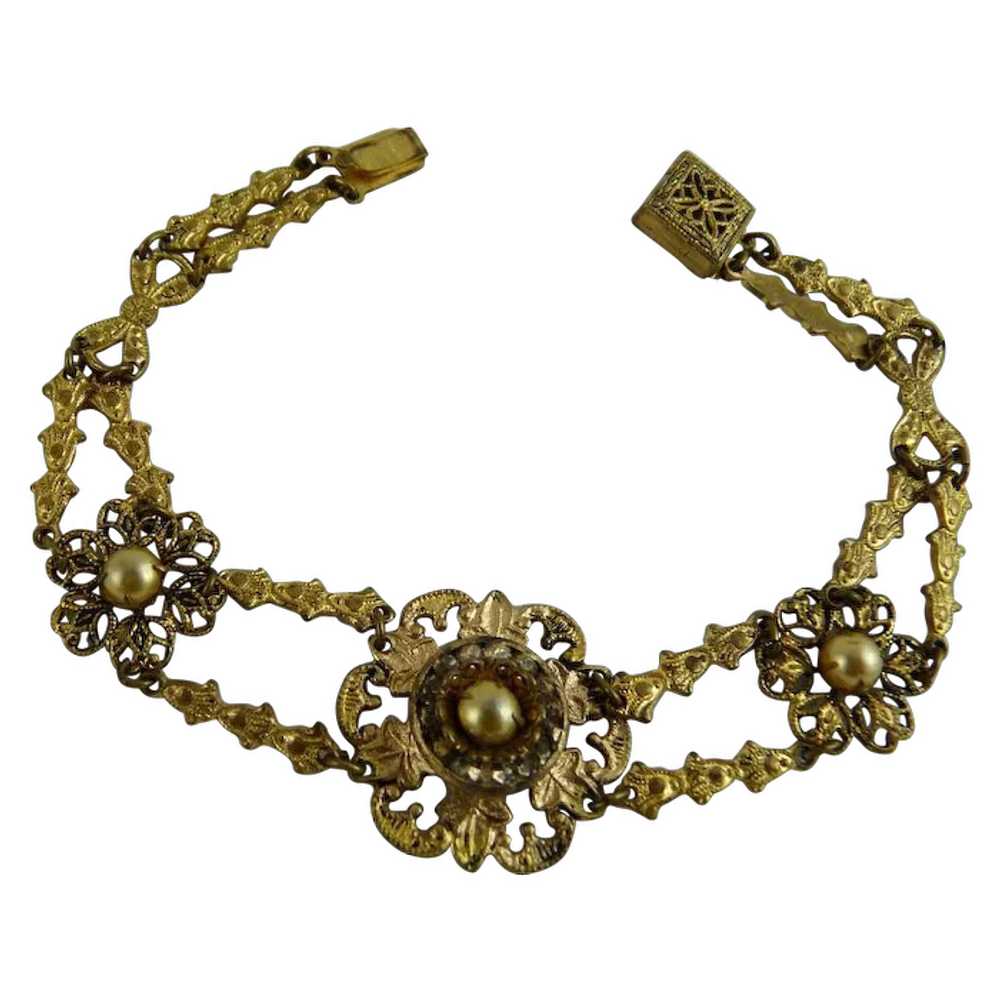 Vintage Gilt Brass Bracelet with Faux Pearls - image 1