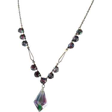 Vintage Iris Glass Necklace with Faceted Drop - image 1