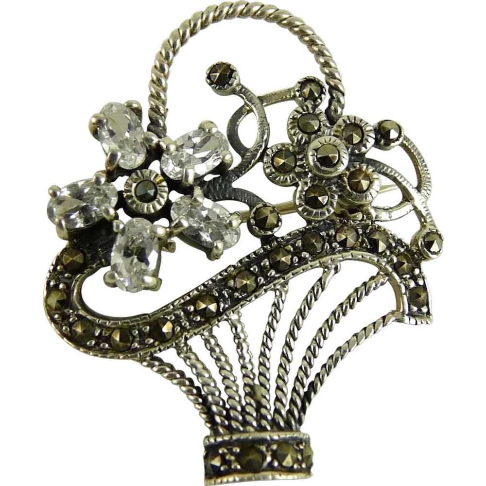 Vintage Sterling Silver Marcasite Flower Basket P… - image 1