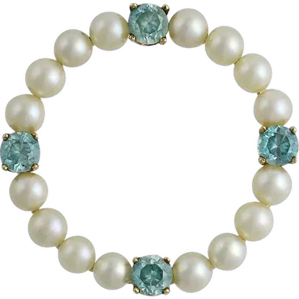 Vintage 14K Gold Cultured Pearl Blue Zircon Circl… - image 1