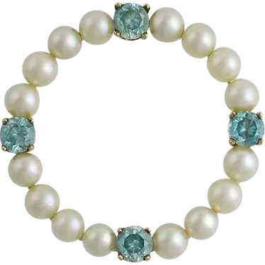Vintage 14K Gold Cultured Pearl Blue Zircon Circl… - image 1