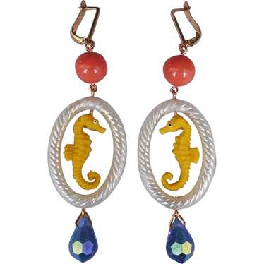 Whimsical rubber earrings yellow seahorse pendant… - image 1